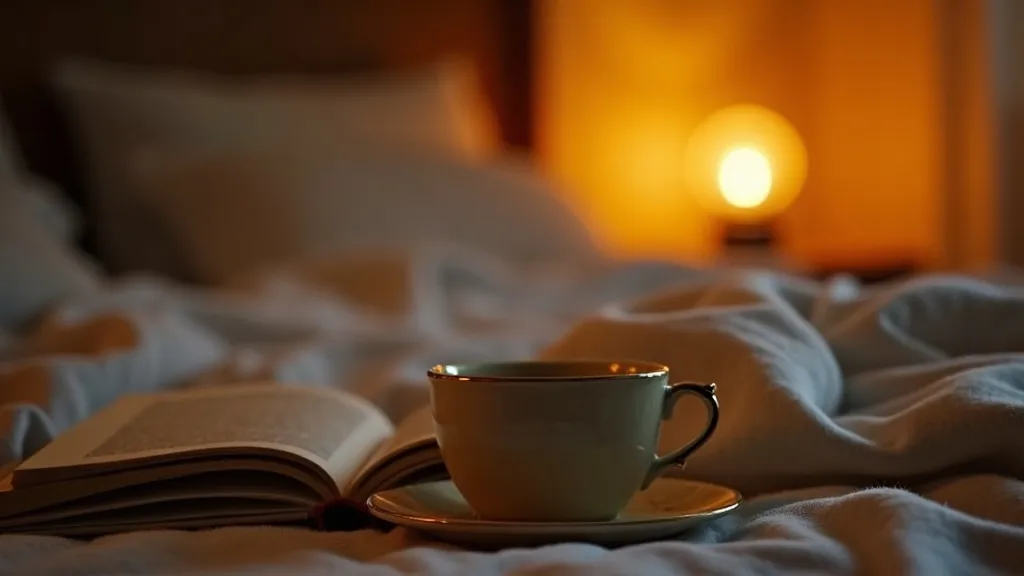 Chambre tamisée le soir avec une tasse de tisane et un livre posés sur la table de chevet